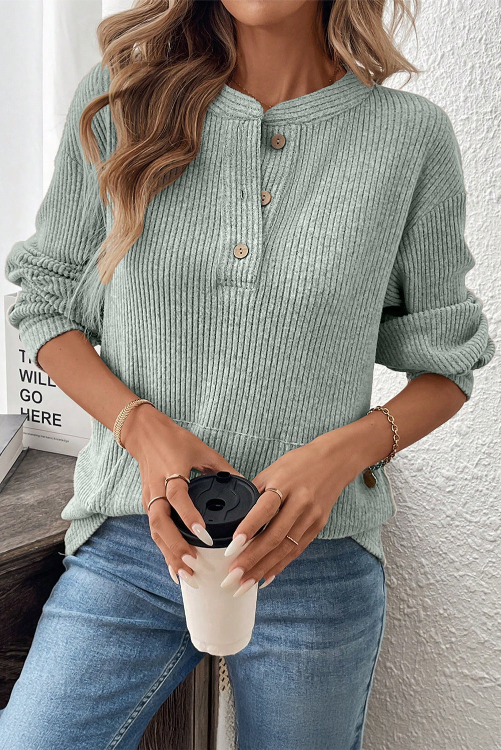 Solid Ribbed Knit Textured Drop Shoulder Henley Top