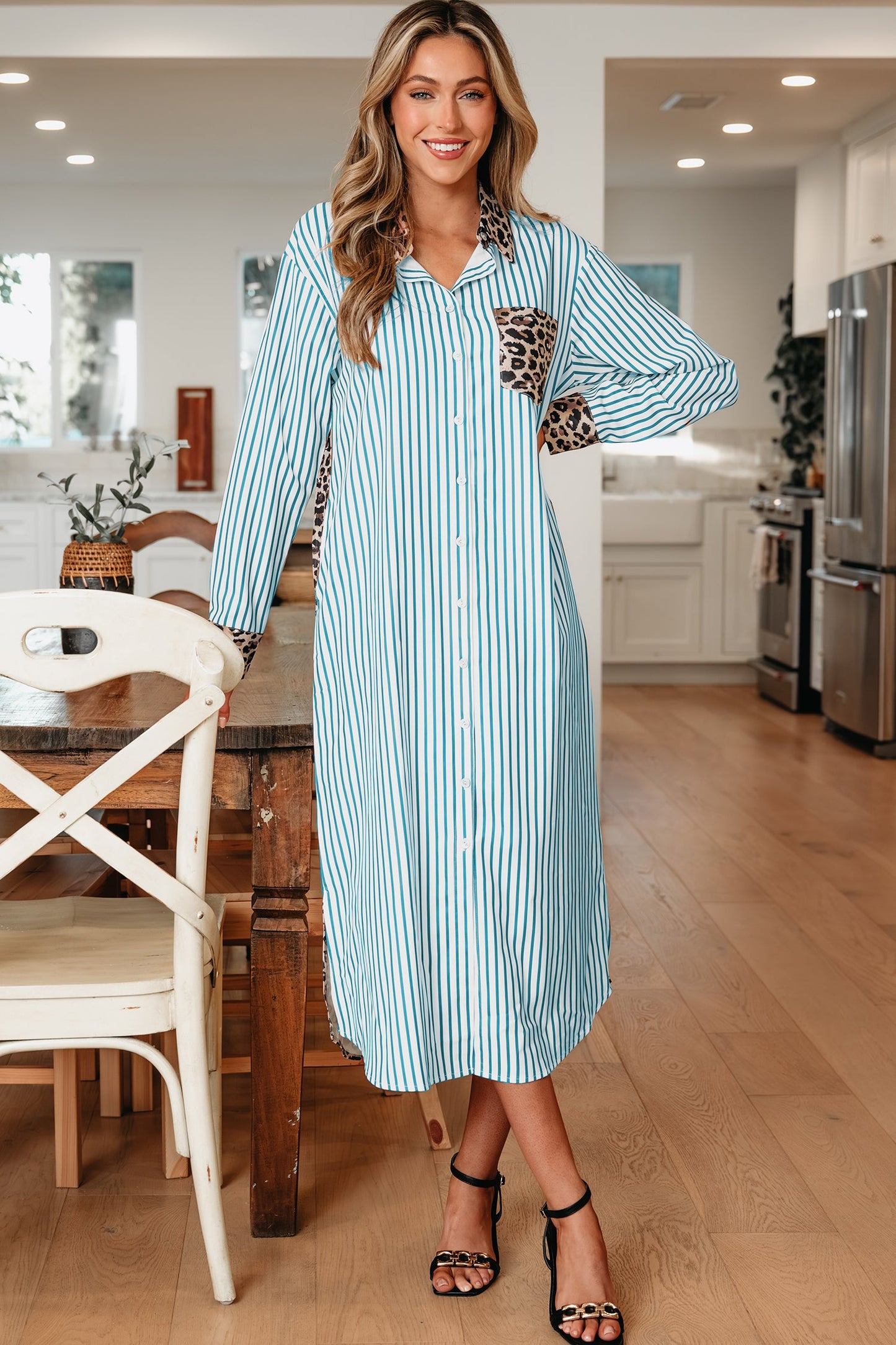 Leopard Patchwork Stripe Shirt Dress with Slits