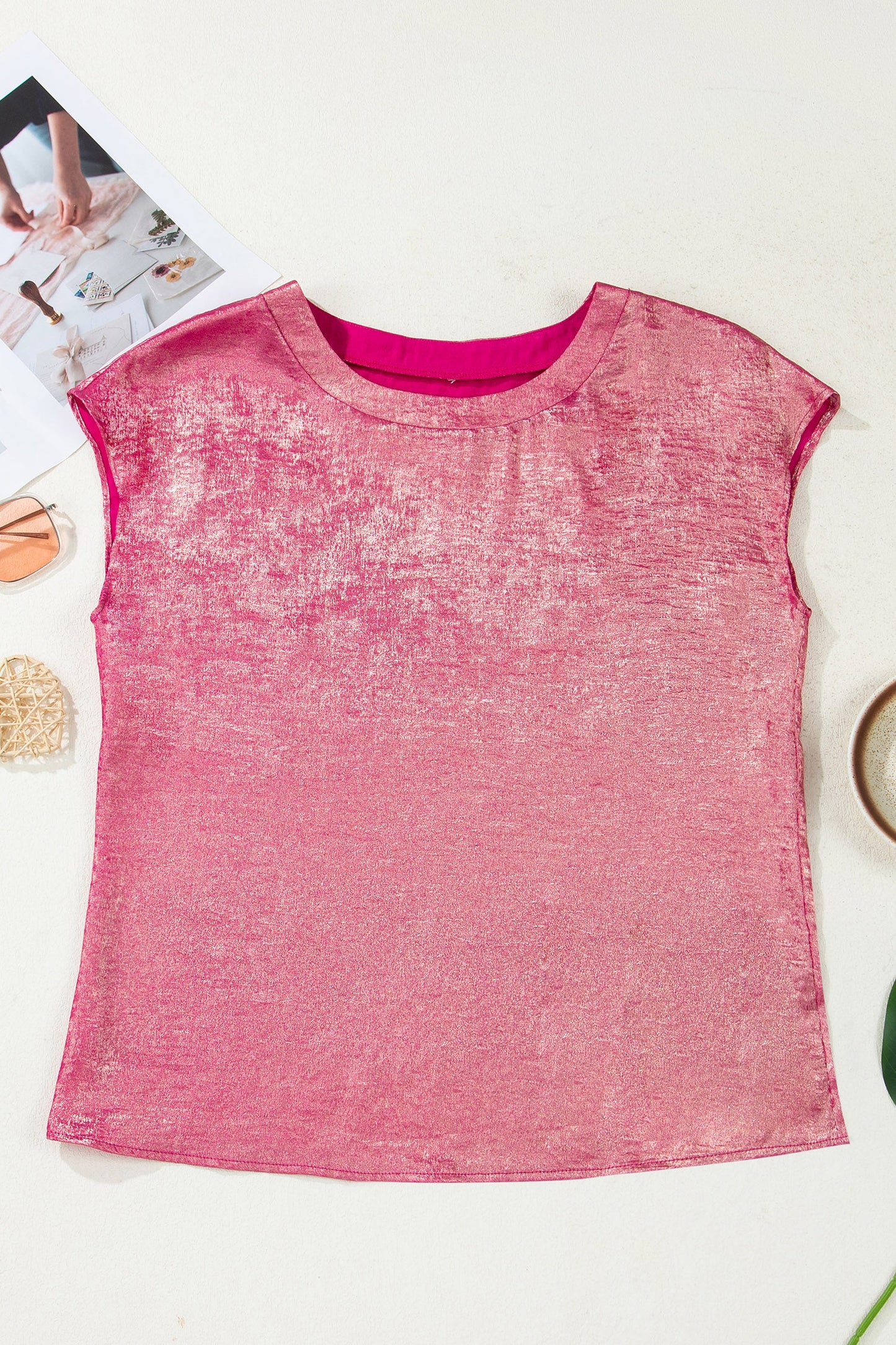 Metallic Round Neck Cap Sleeve Tee