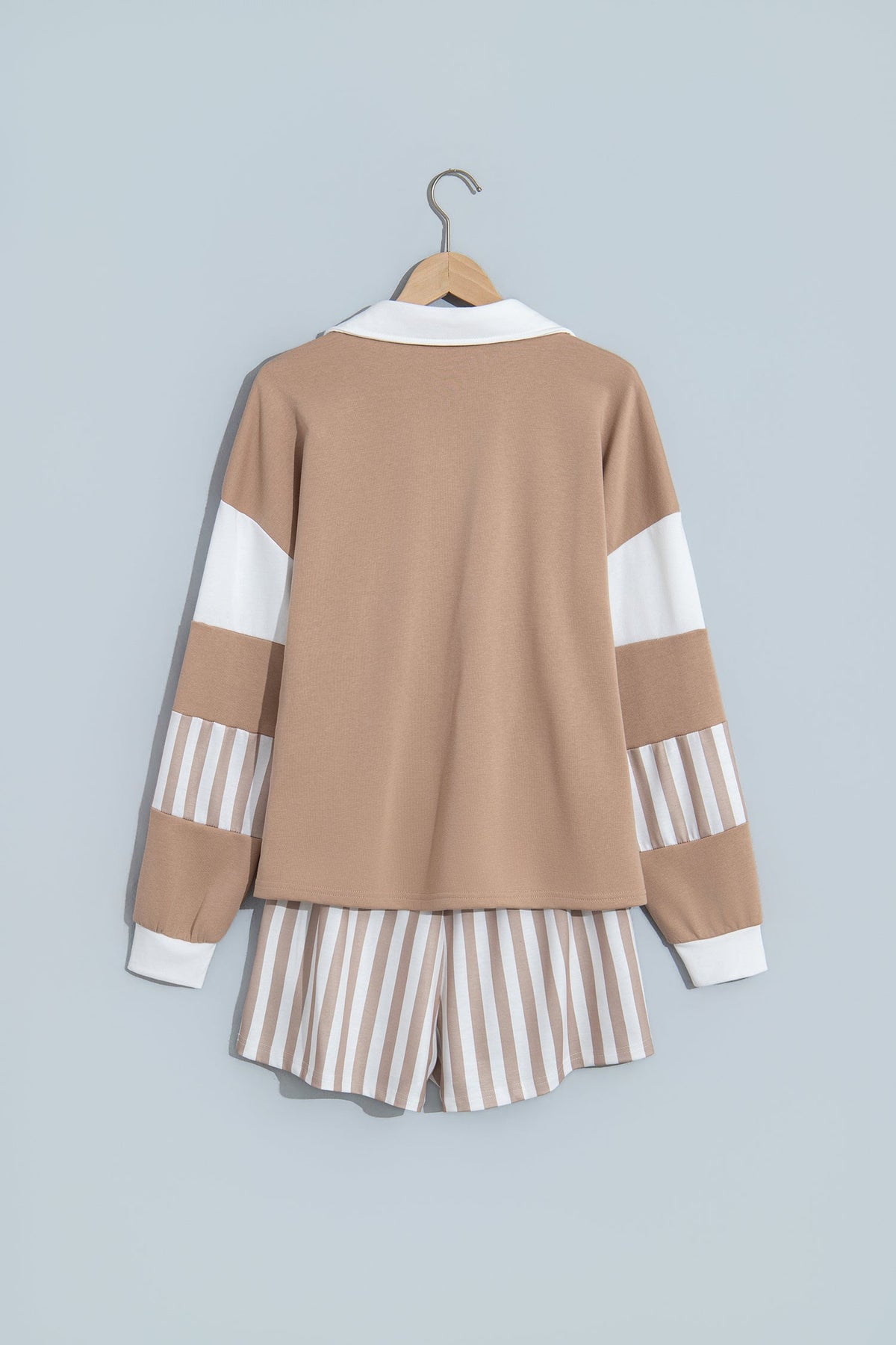 Stripe Colorblock Polo Top & Drawstring Shorts Set