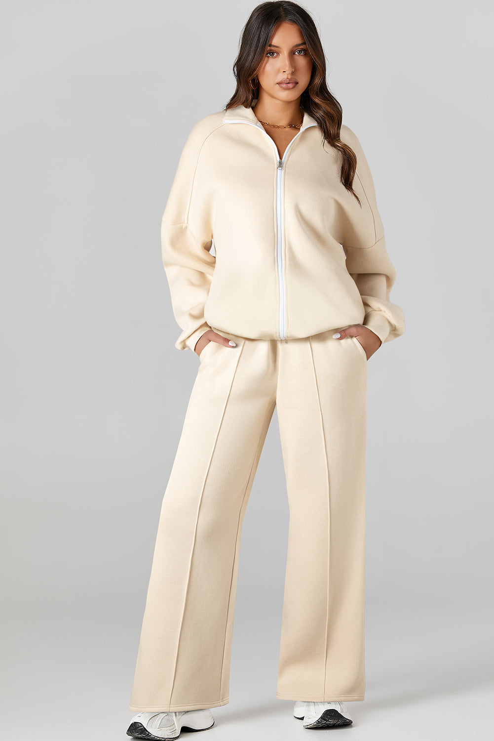 Solid Zip-Up Jacket and Drawstring Pants Set