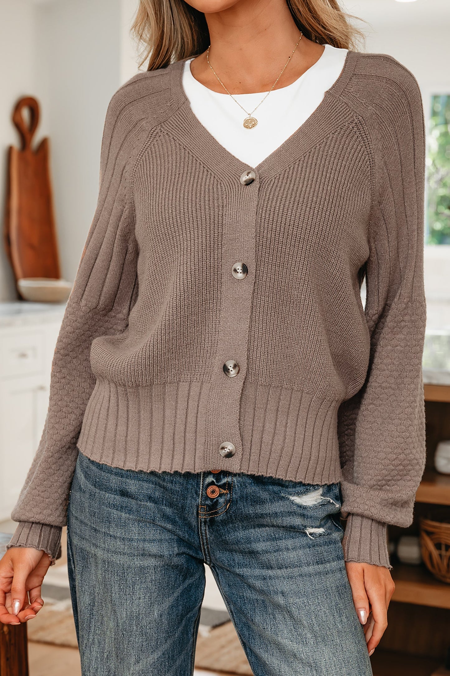 Textured Knit Button Front V-Neck Cardigan