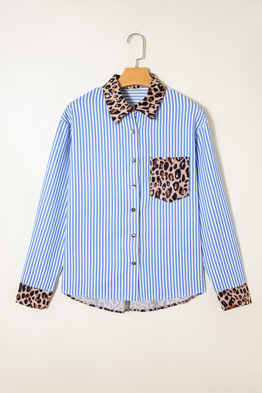 Stripe Leopard Patchwork Button-Up Womens Shirt