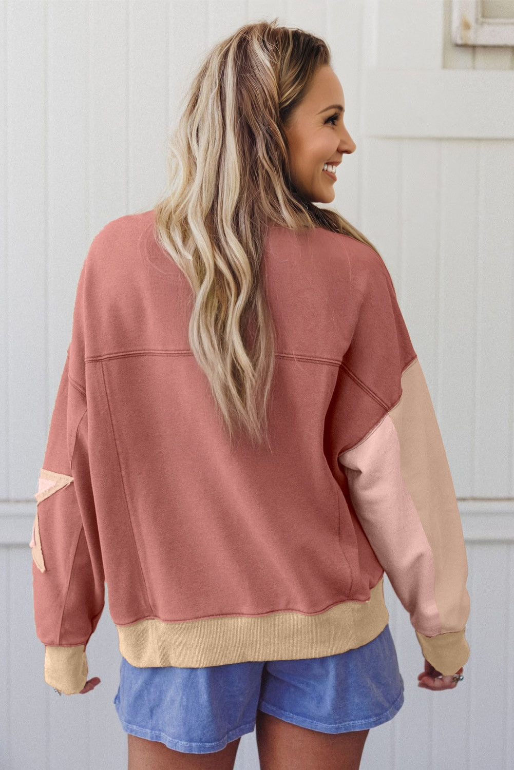 Star Patchwork Reverse Seam Drop Shoulder Sweatshirt