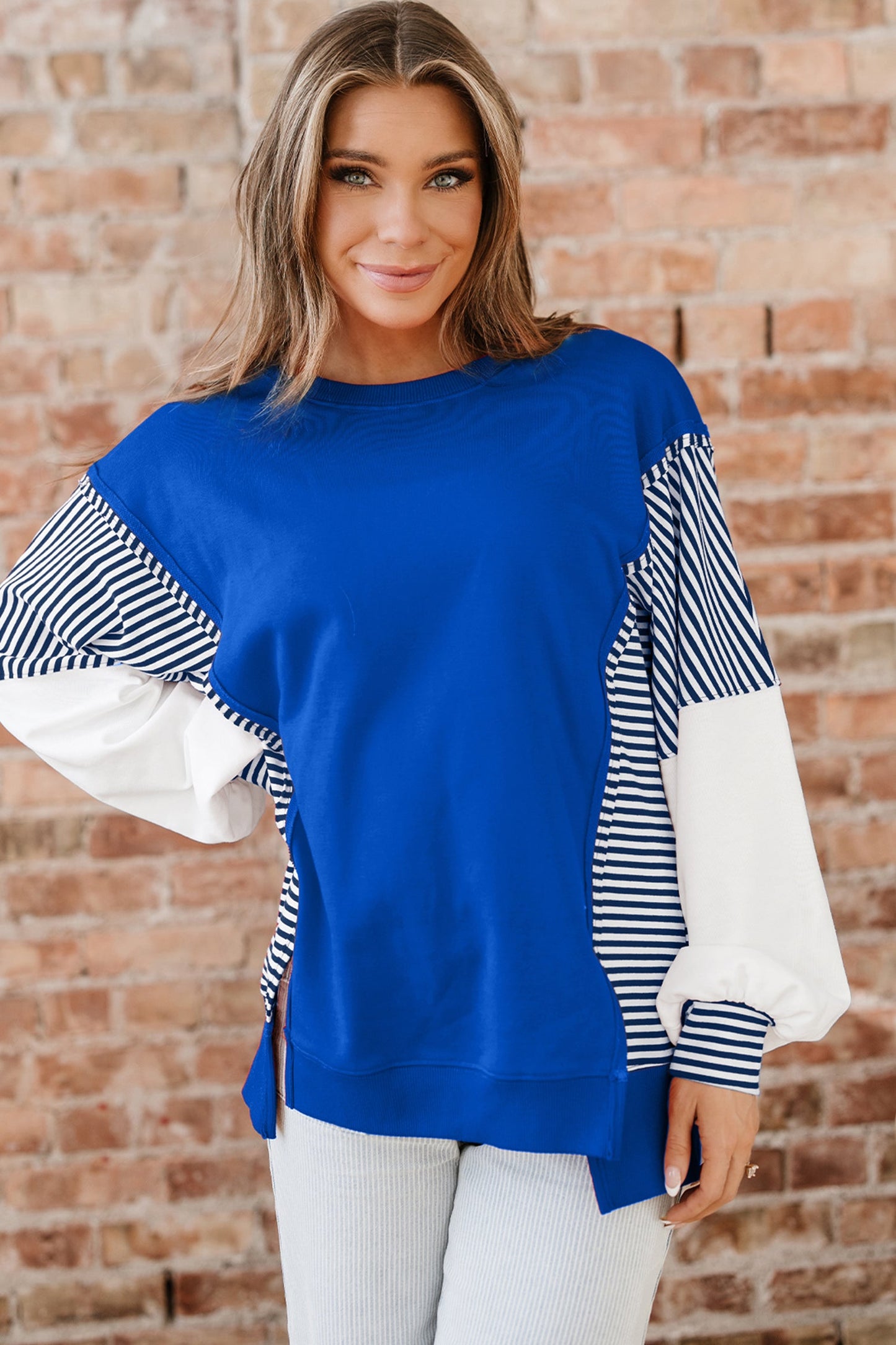 Stripe Patchwork Sleeve Colorblock Sweatshirt