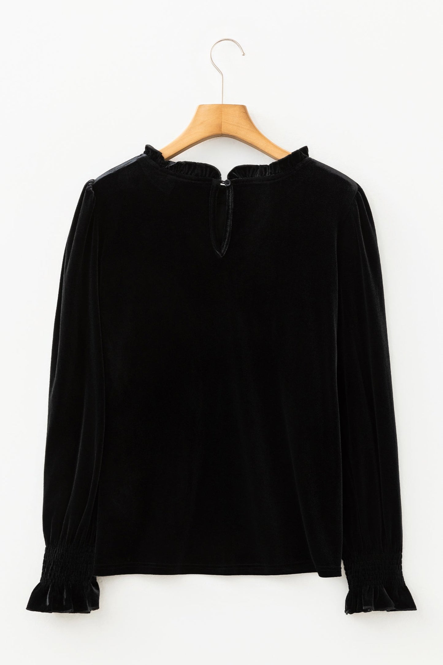 Solid Velvet Frilled Collar Smocked Puff Sleeve Blouse
