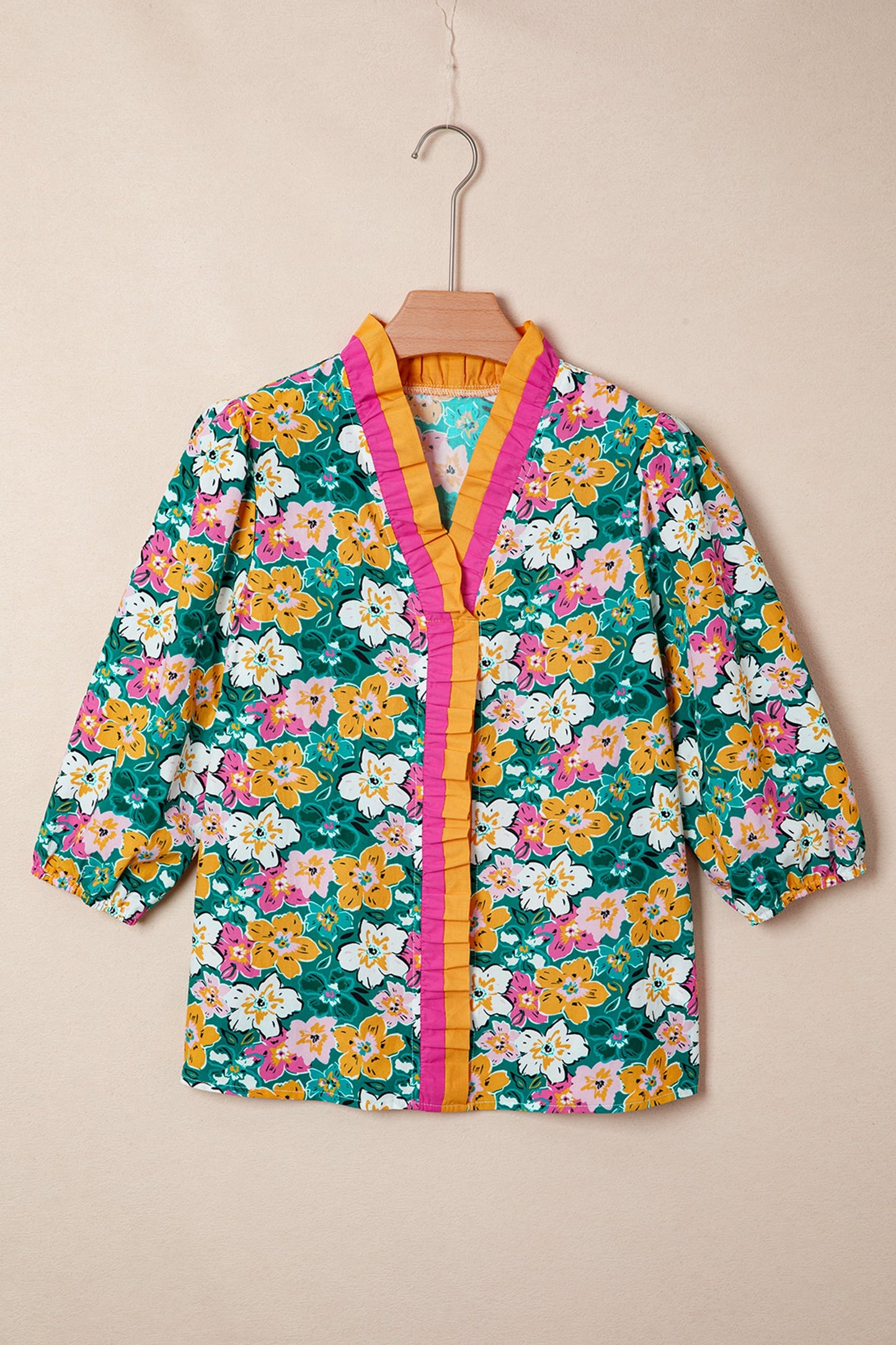Floral Frilled V-Neck 3/4 Sleeve Blouse