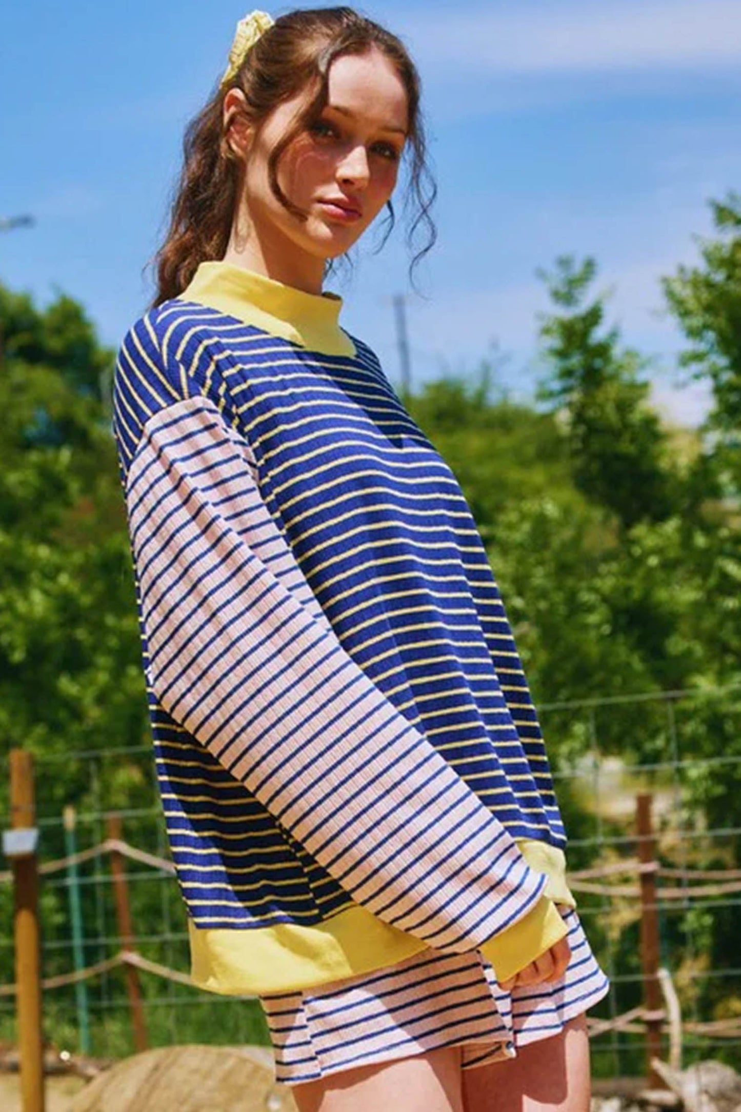 Stripe Long Sleeve Mock Neck Ribbed Knit Top & Shorts Set