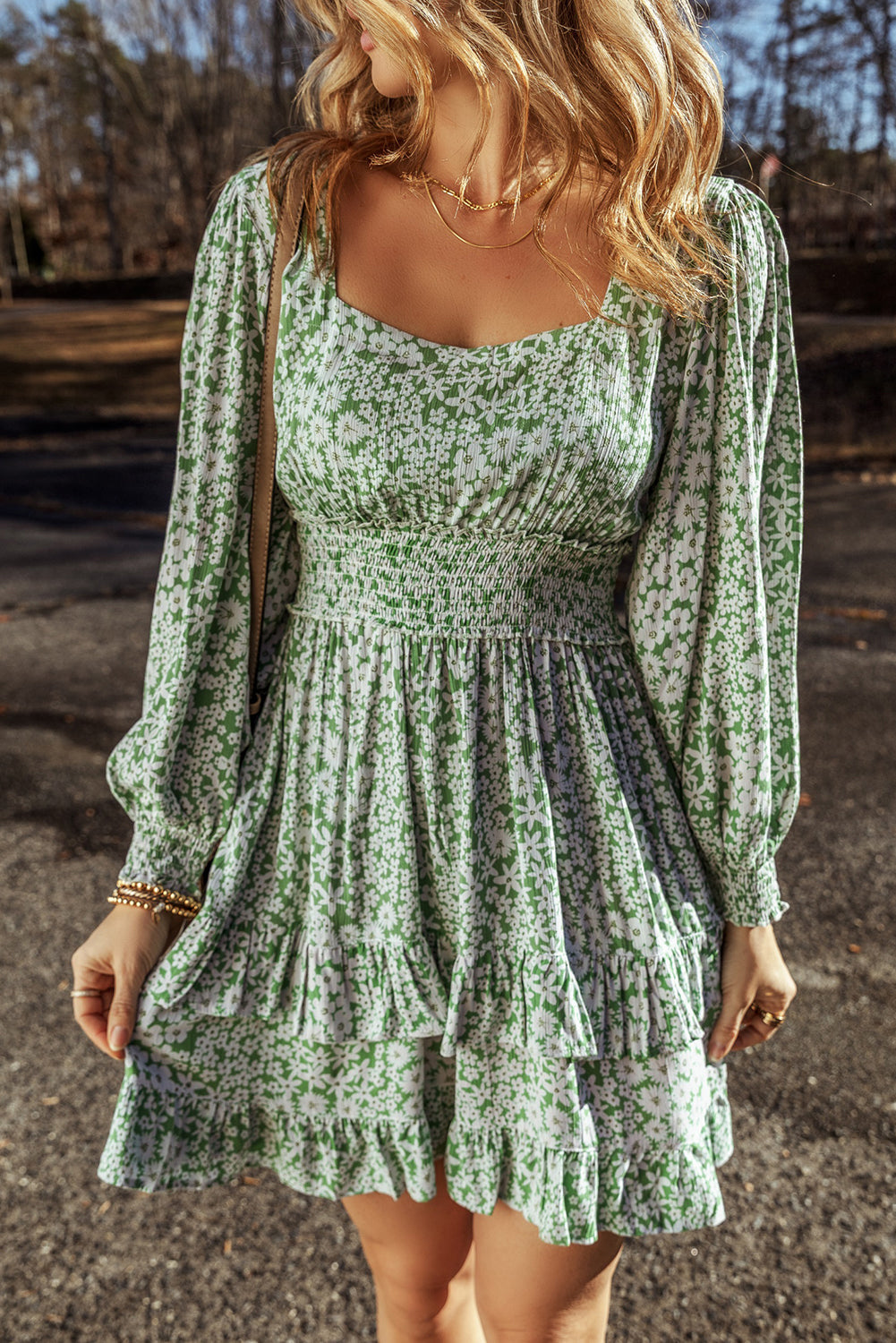 Floral Square Neck Shirred Waist Ruffle Dress