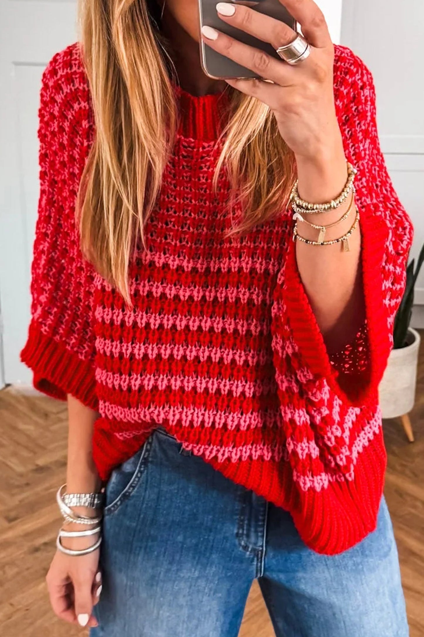 Stripe Draped 3/4 Sleeve Slouchy Sweater