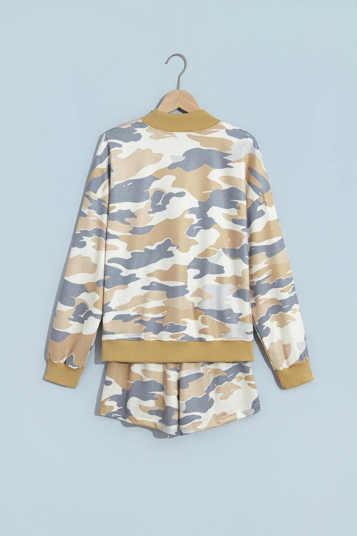 Camo Mock Neck Long Sleeve Top & Shorts Set