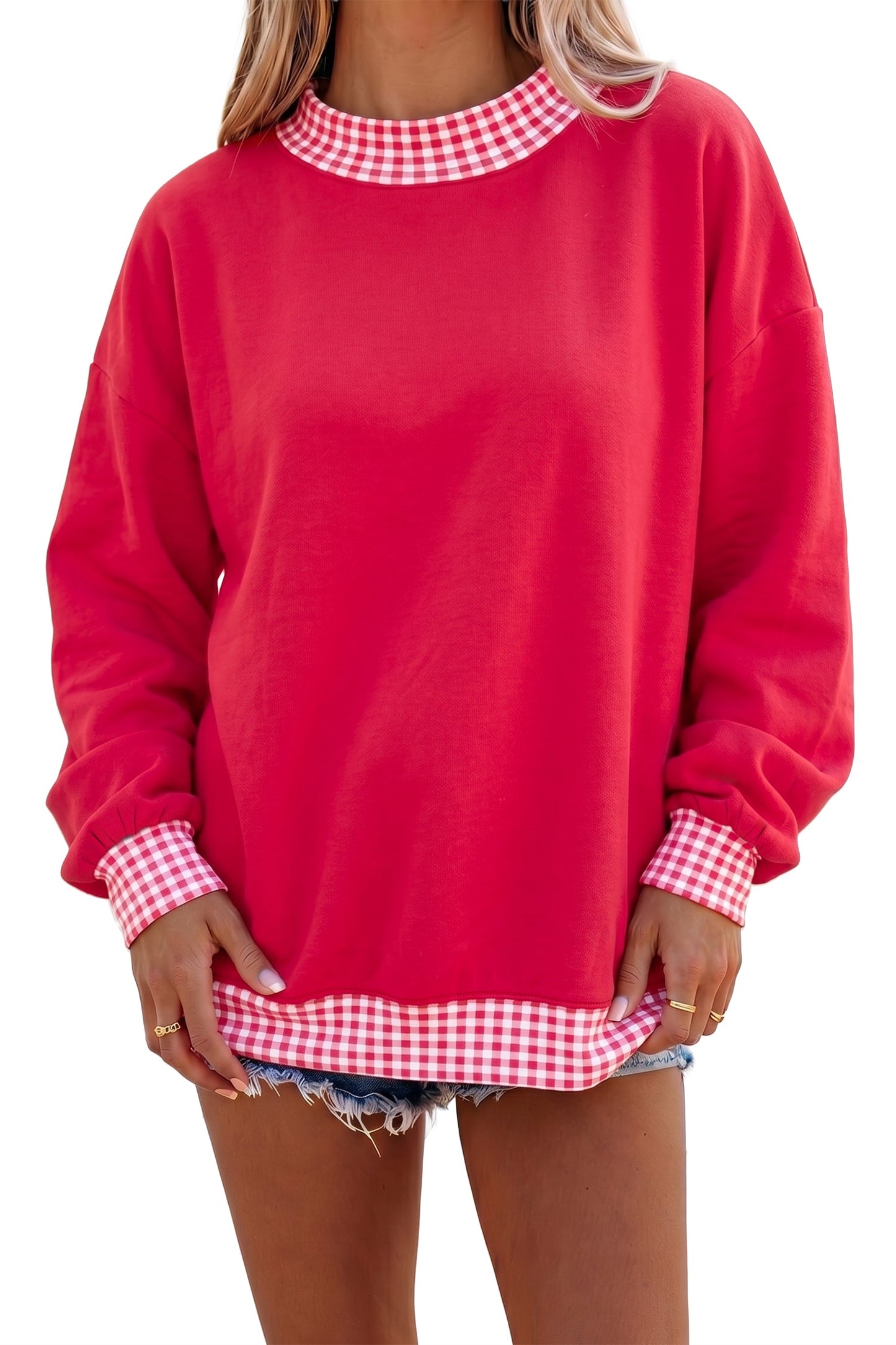 Gingham Contrast Trim Long Sleeve Sweatshirt
