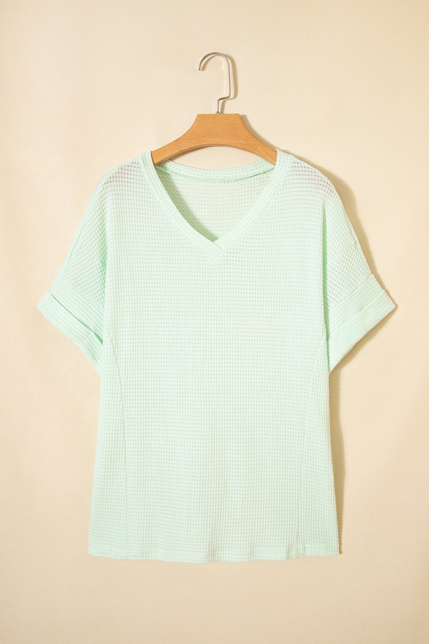 Solid Waffle Knit V-Neck Short Sleeve Top