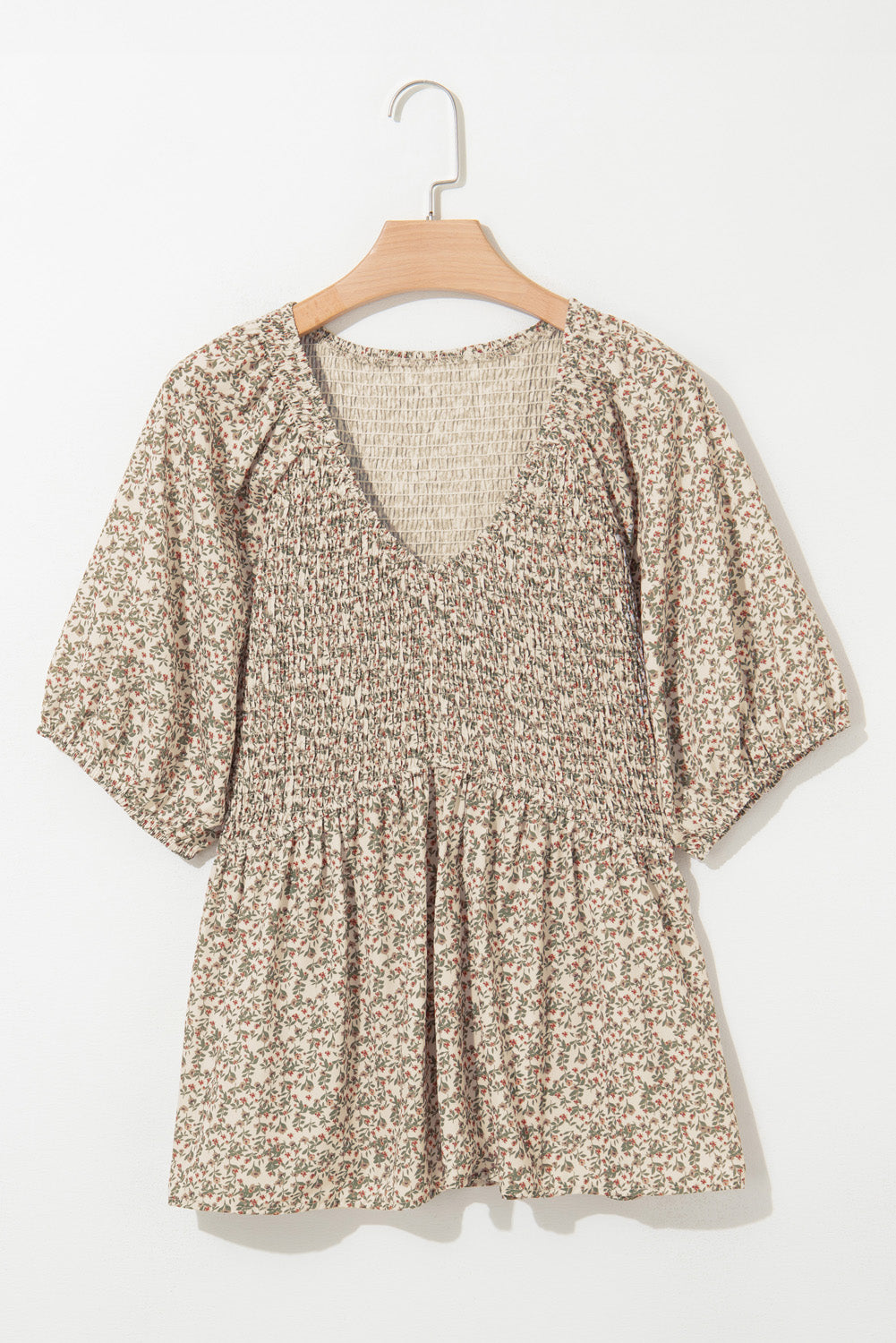 Floral Puff Sleeve Smocked Detail Top