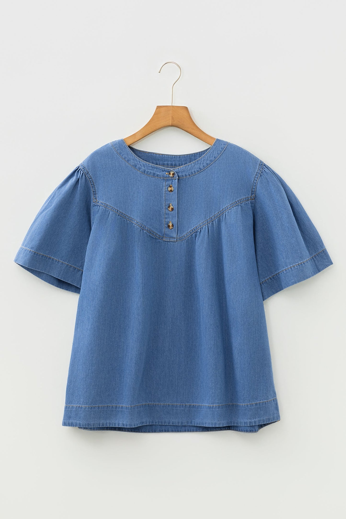 Denim Pleated Half Buttoned Short Sleeve Top