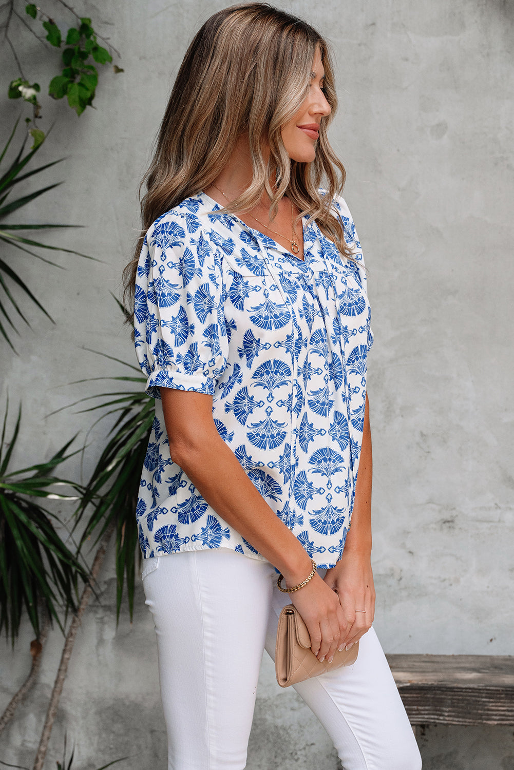 Geometric Tassel Drawstring V-Neck Blouse
