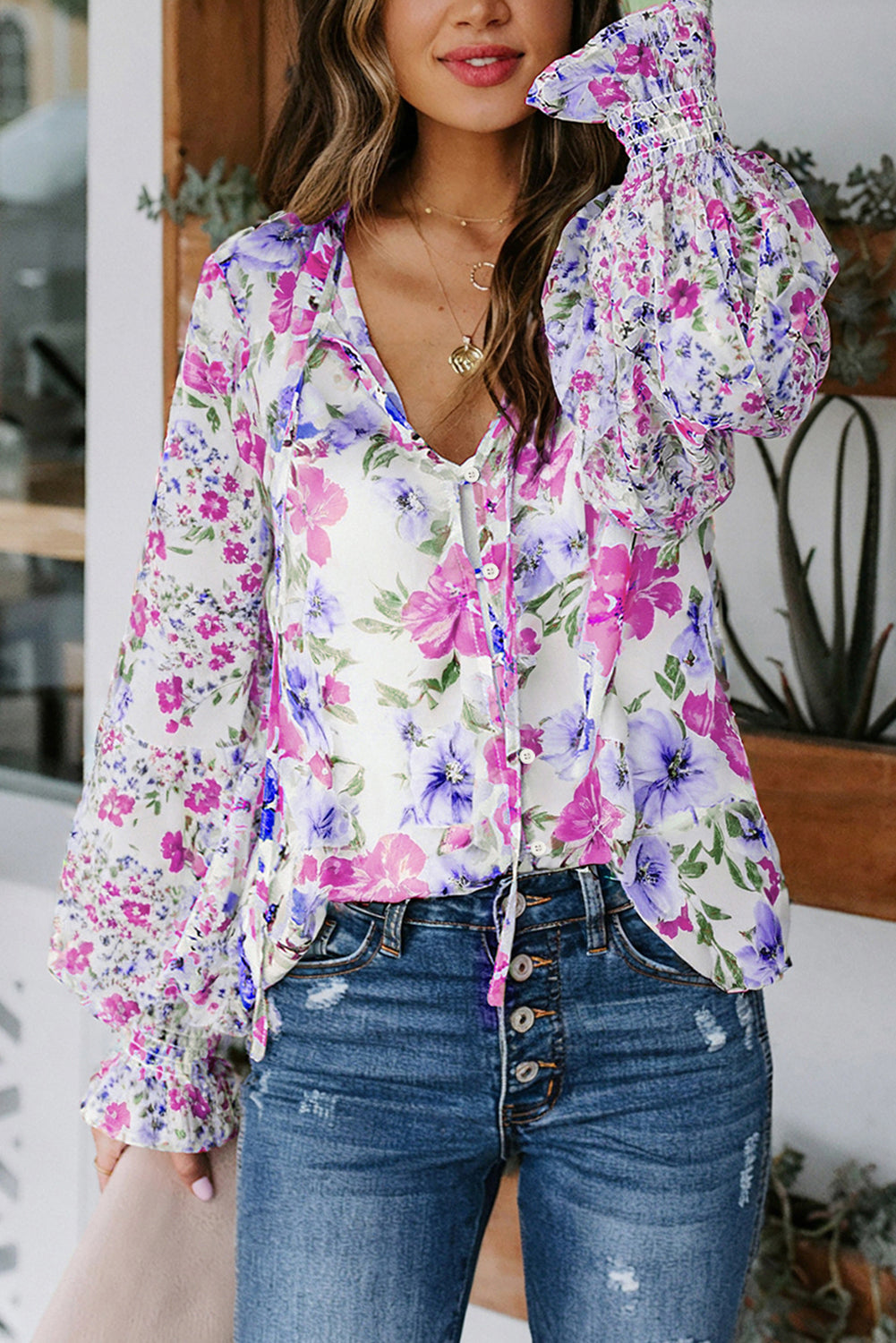 Floral Smocked Puff Sleeve Boho Peplum Blouse