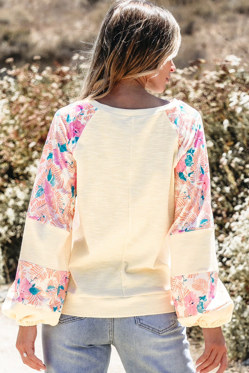 Floral Patchwork Balloon Sleeve Textured Blouse