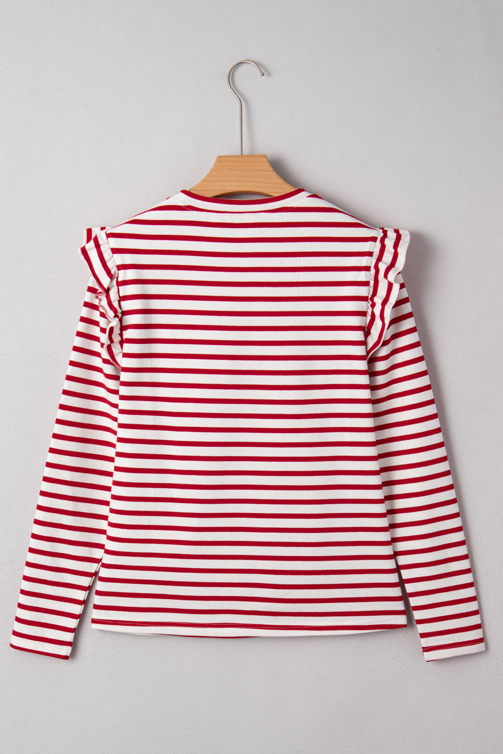 Stripe Round Neck Ruffle Trim Long Sleeve Top