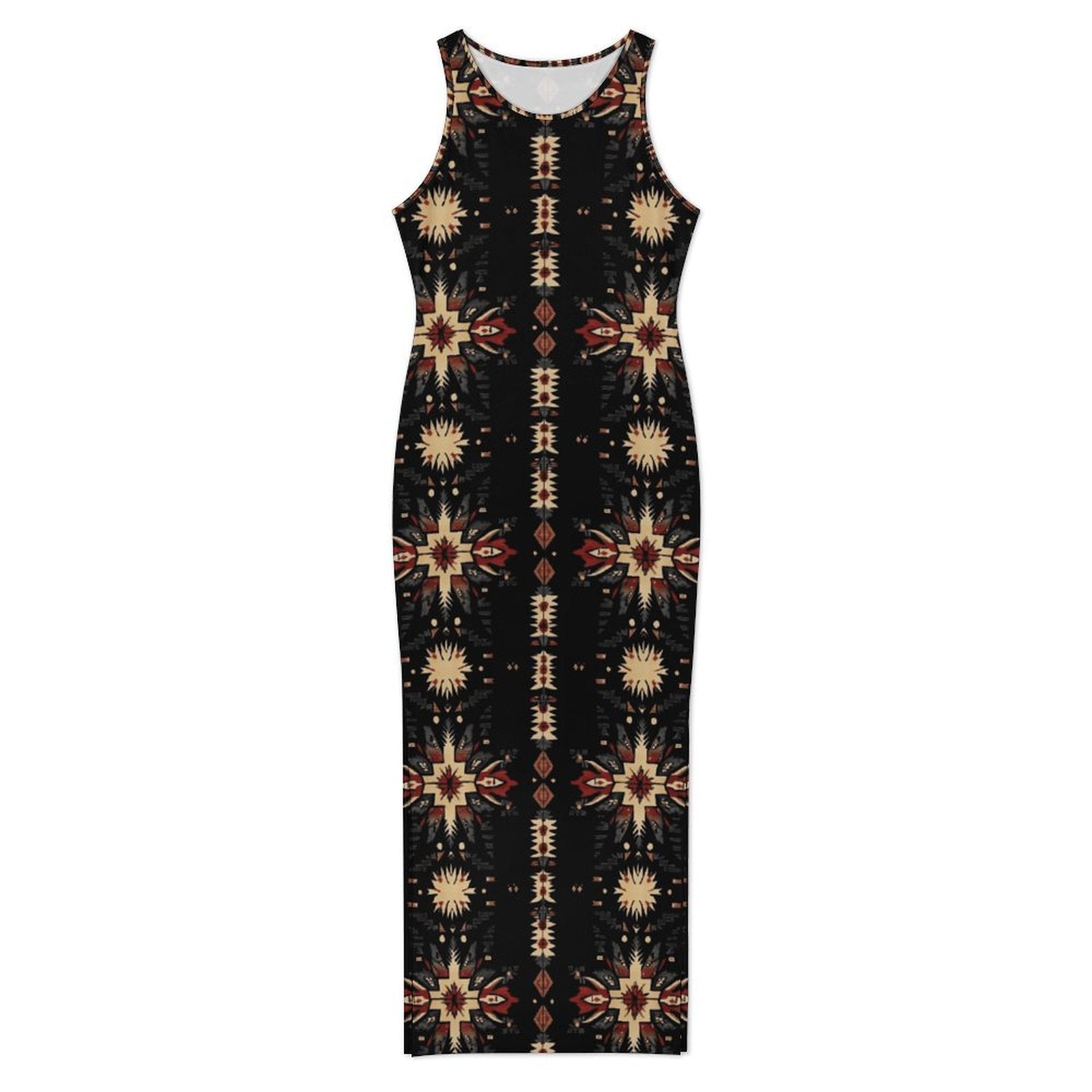 Black and Tan Aztec Bodycon Side Slit Western Maxi Dress White / S Black and Tan Aztec Bodycon Side Slit Western Maxi Dress White / S