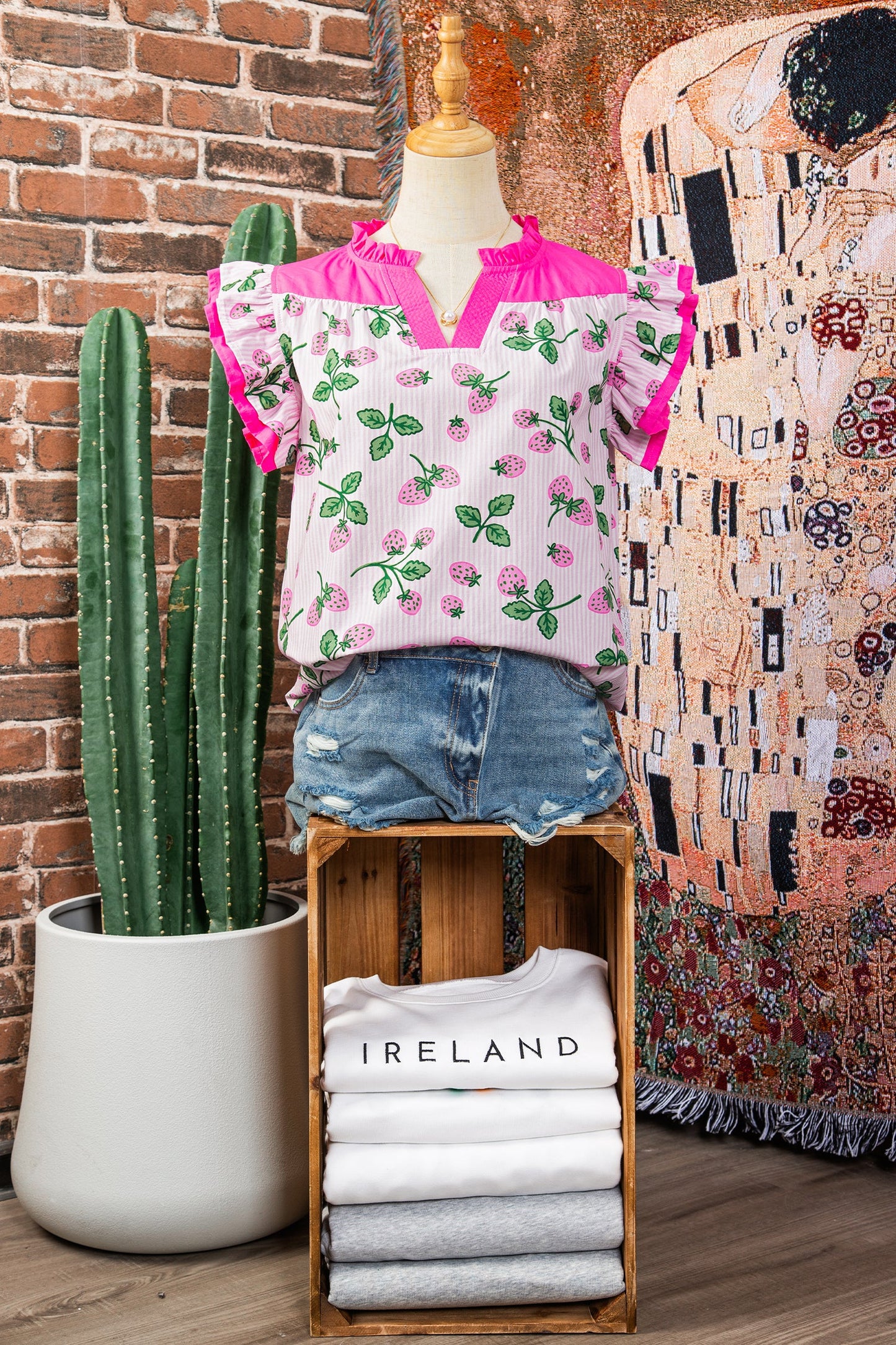 Stripe Strawberry Patchwork Flutter Sleeve V-Neck Blouse