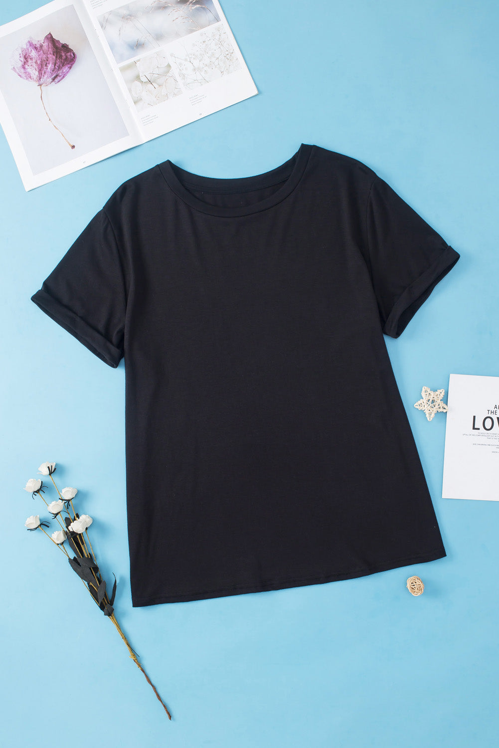 Plus Size Solid Rolled Short Sleeve T-Shirt