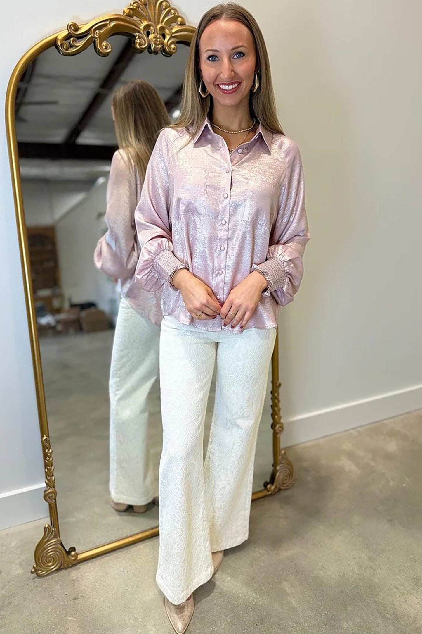 Ruffle Cuff Button Front Back Paneling Long Sleeve Shirt
