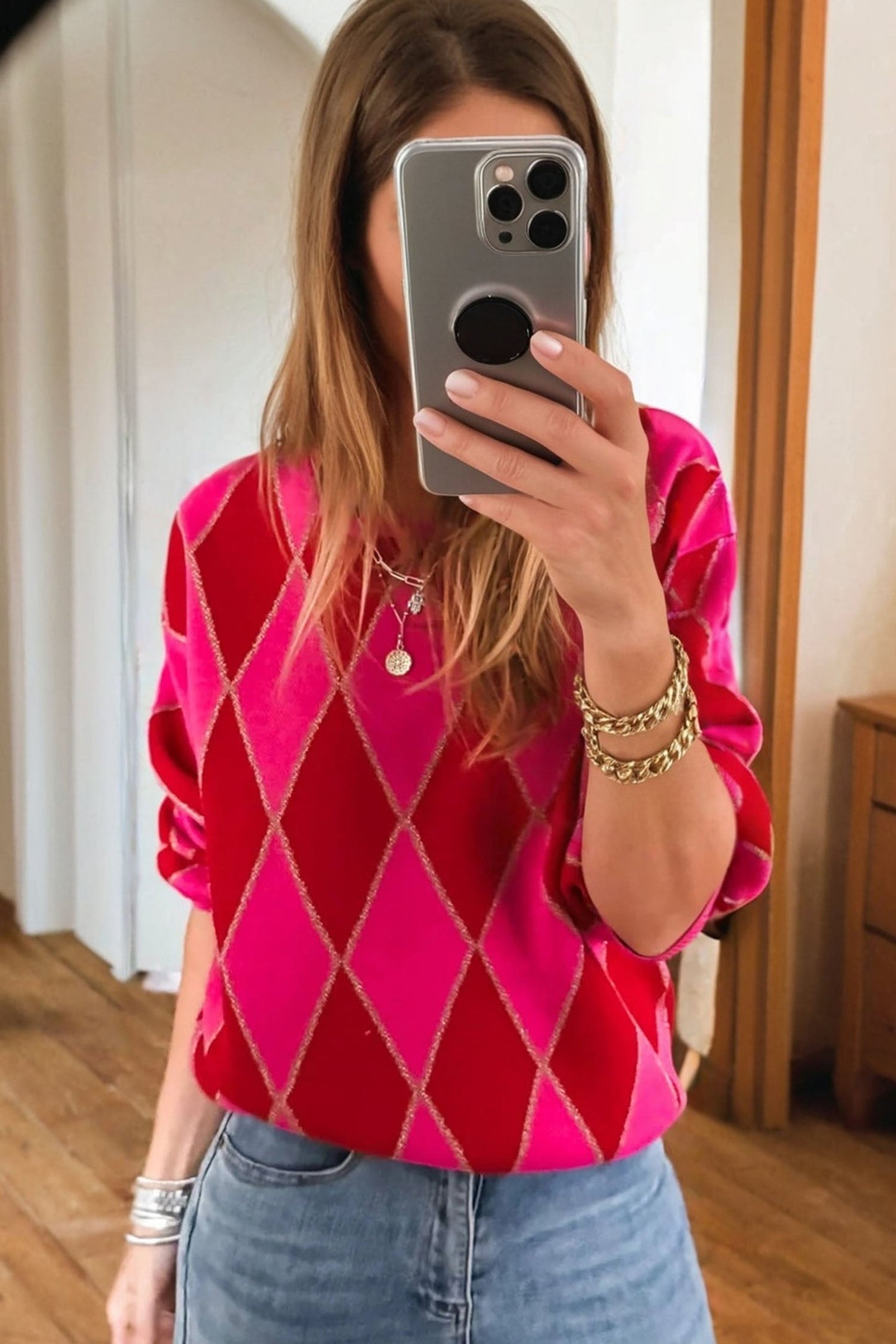 Glitter Rhombus Geometric Knit Crewneck Sweater