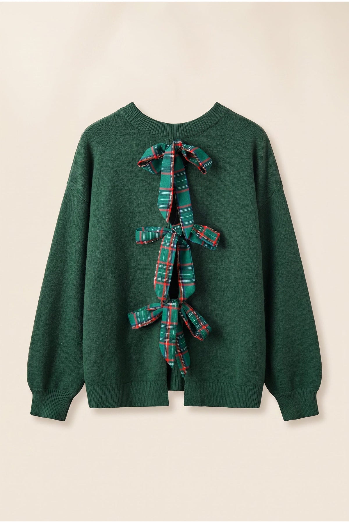 Christmas Plaid Bow Embroidered Tie Back Sweater