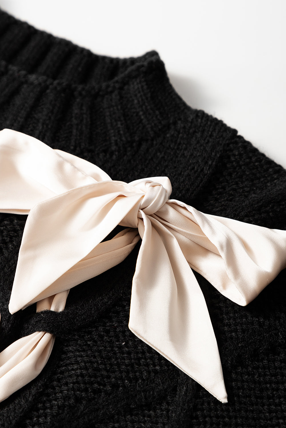Colorblock Satin Bow Cable Knit Short Sleeve Sweater