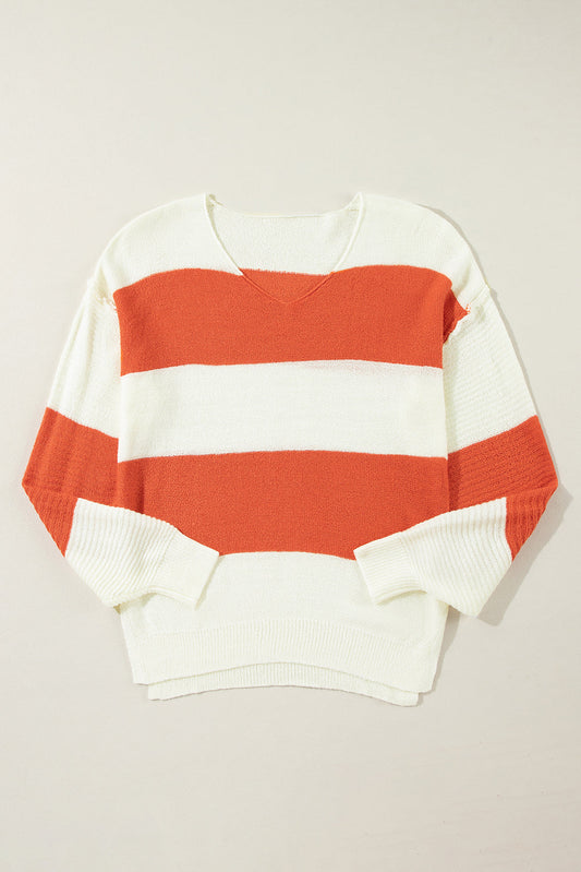 Colorblock Stripe Drop Shoulder Bubble Sleeve Sweater