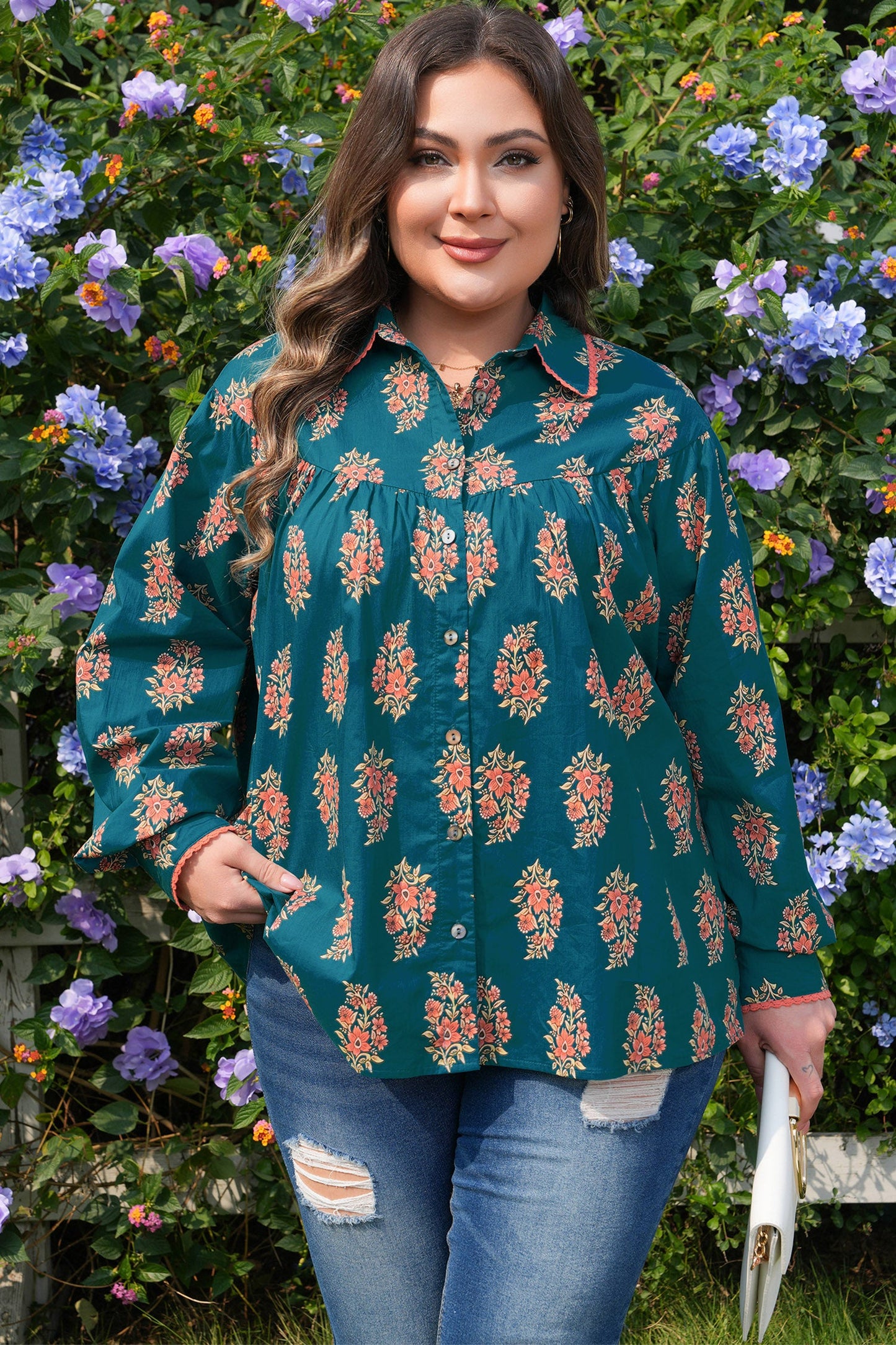 Plus Size Floral Lace Trim Pleated Buttoned Shirt