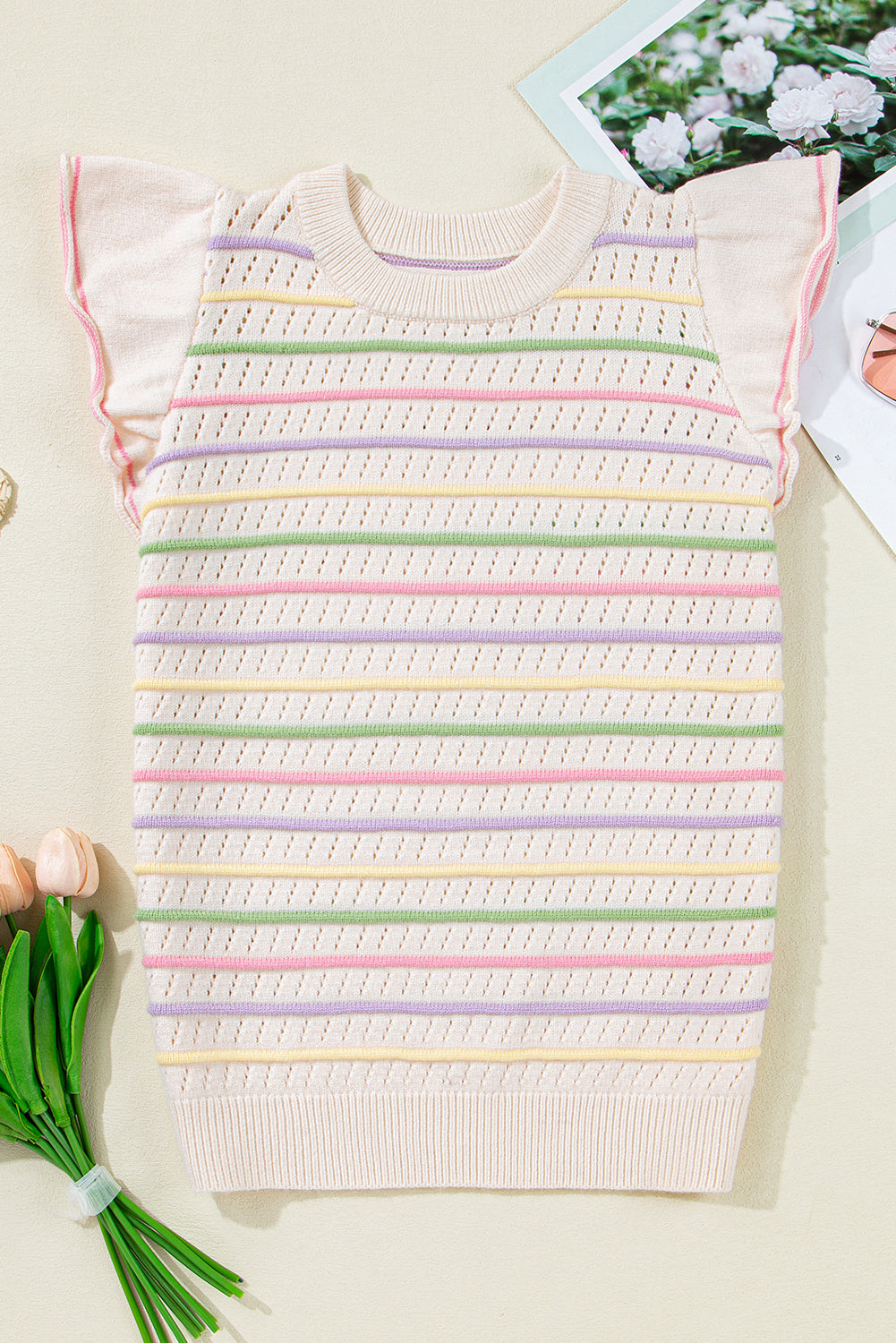 Colorful Stripe Eyelet Knit Ruffle Sleeve Sweater