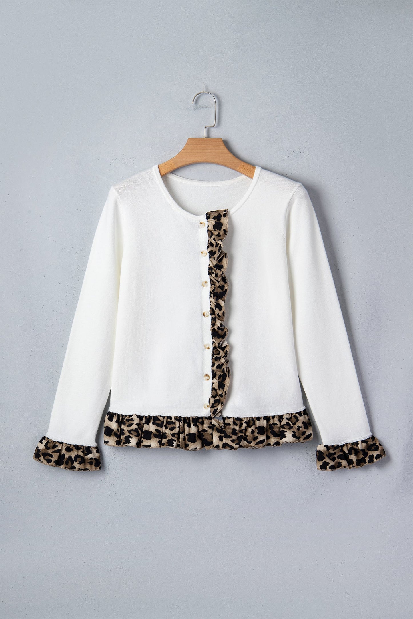Leopard Ruffle Patchwork Knitted Crop Cardigan