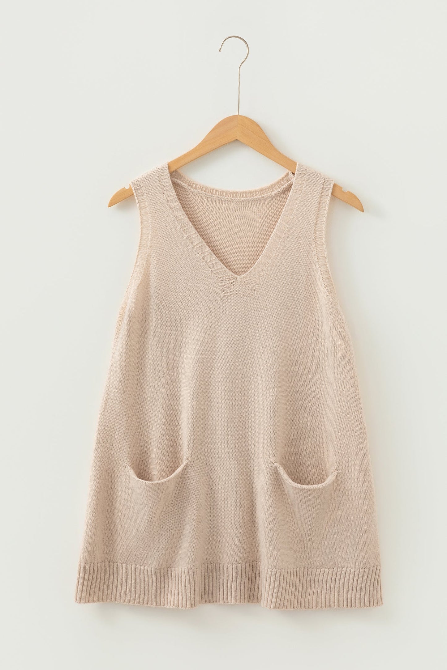 Solid Ribbed Trim Deep V-Neck Sleeveless Tunic Sweater