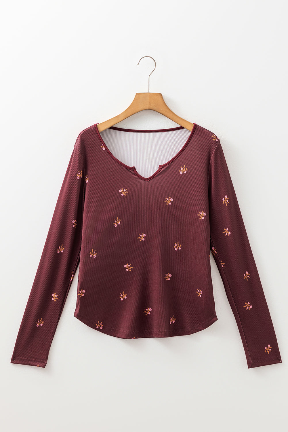Floral Ribbed Notched Neck Long Sleeve Top
