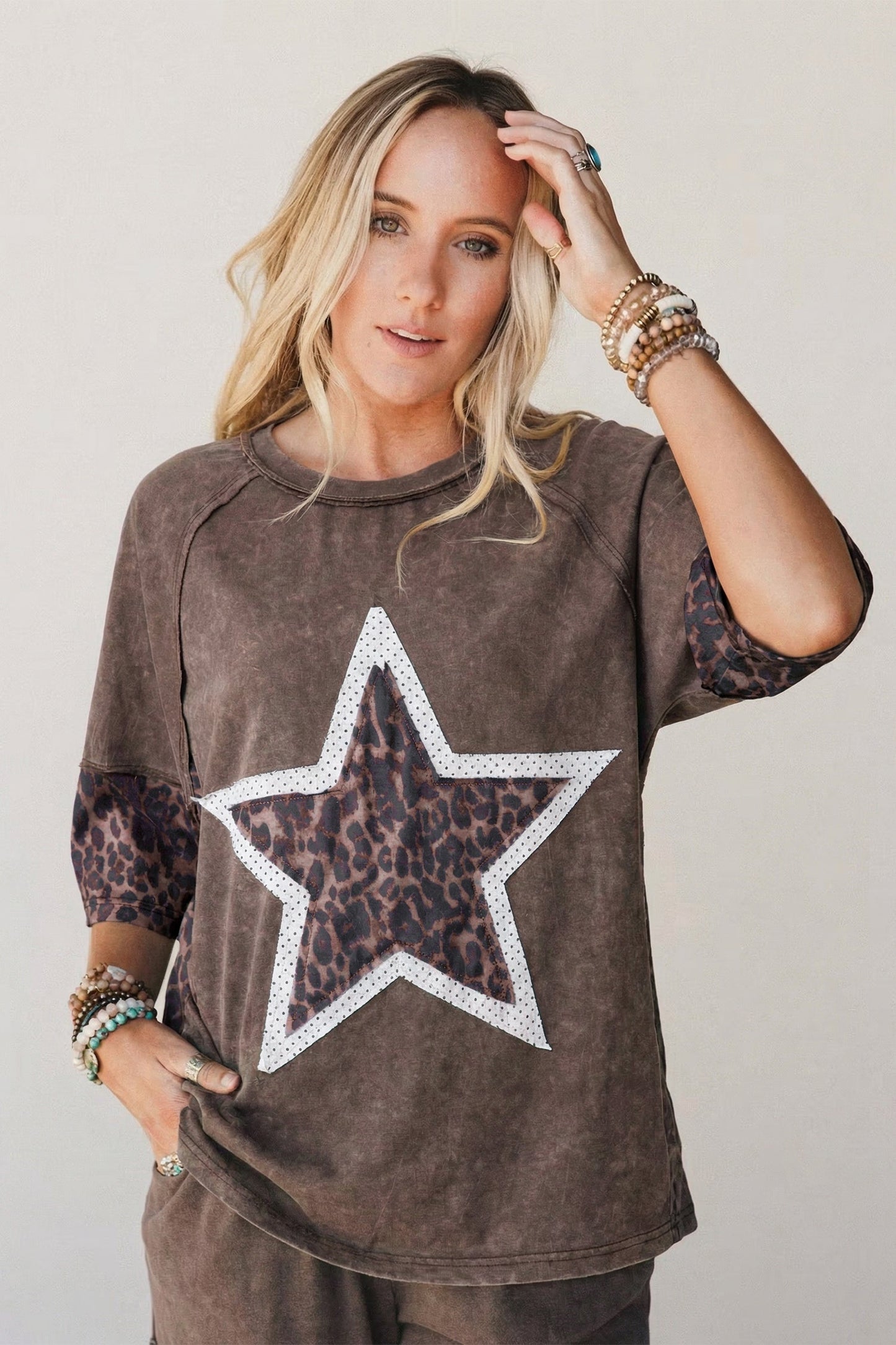 Leopard Star Patched Mineral Wash Exposed Seam T-Shirt