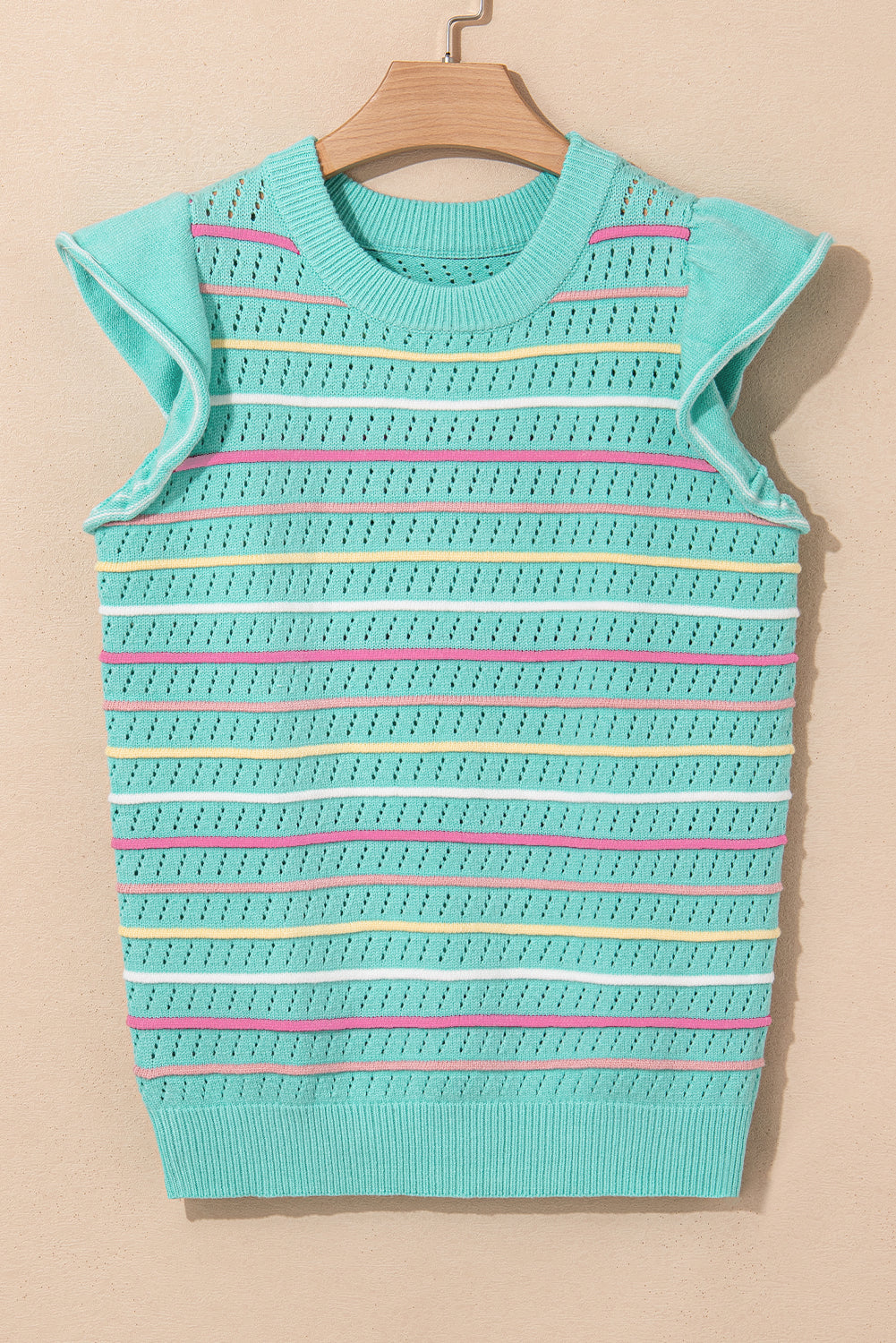 Colorful Stripe Eyelet Knit Ruffle Sleeve Sweater