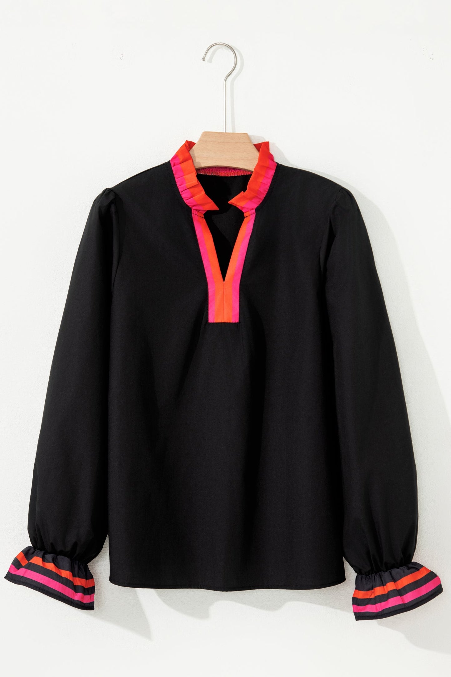 Stripe Trim Ruffle Split Neck Long Sleeve Blouse