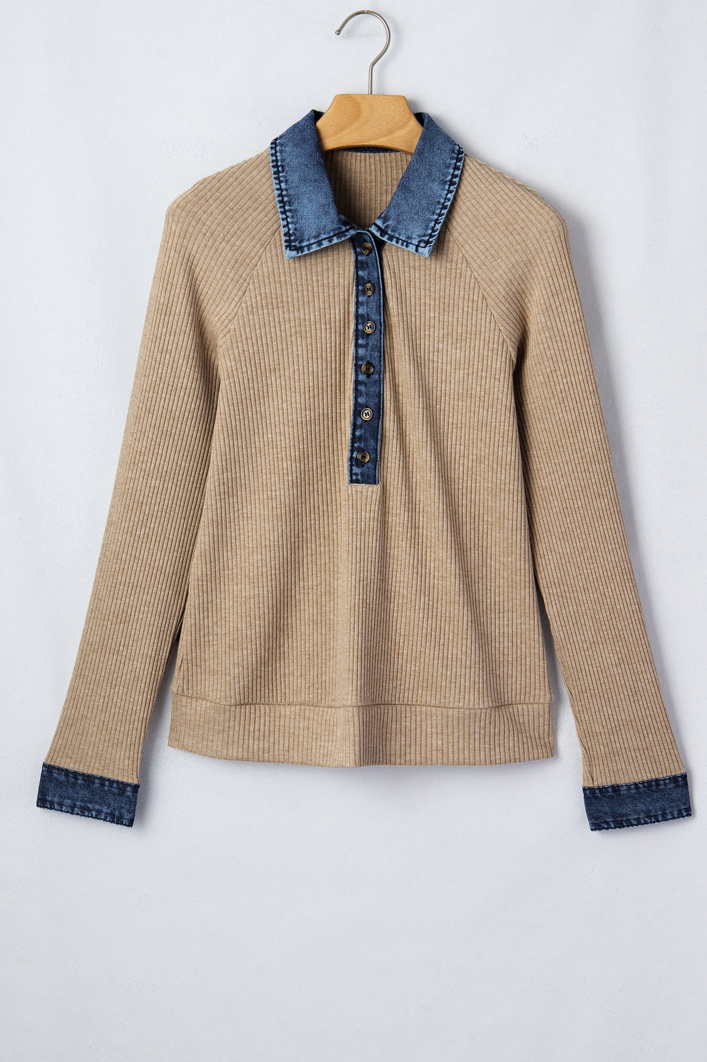 Ribbed Knit Denim Patchwork Button Polo Top