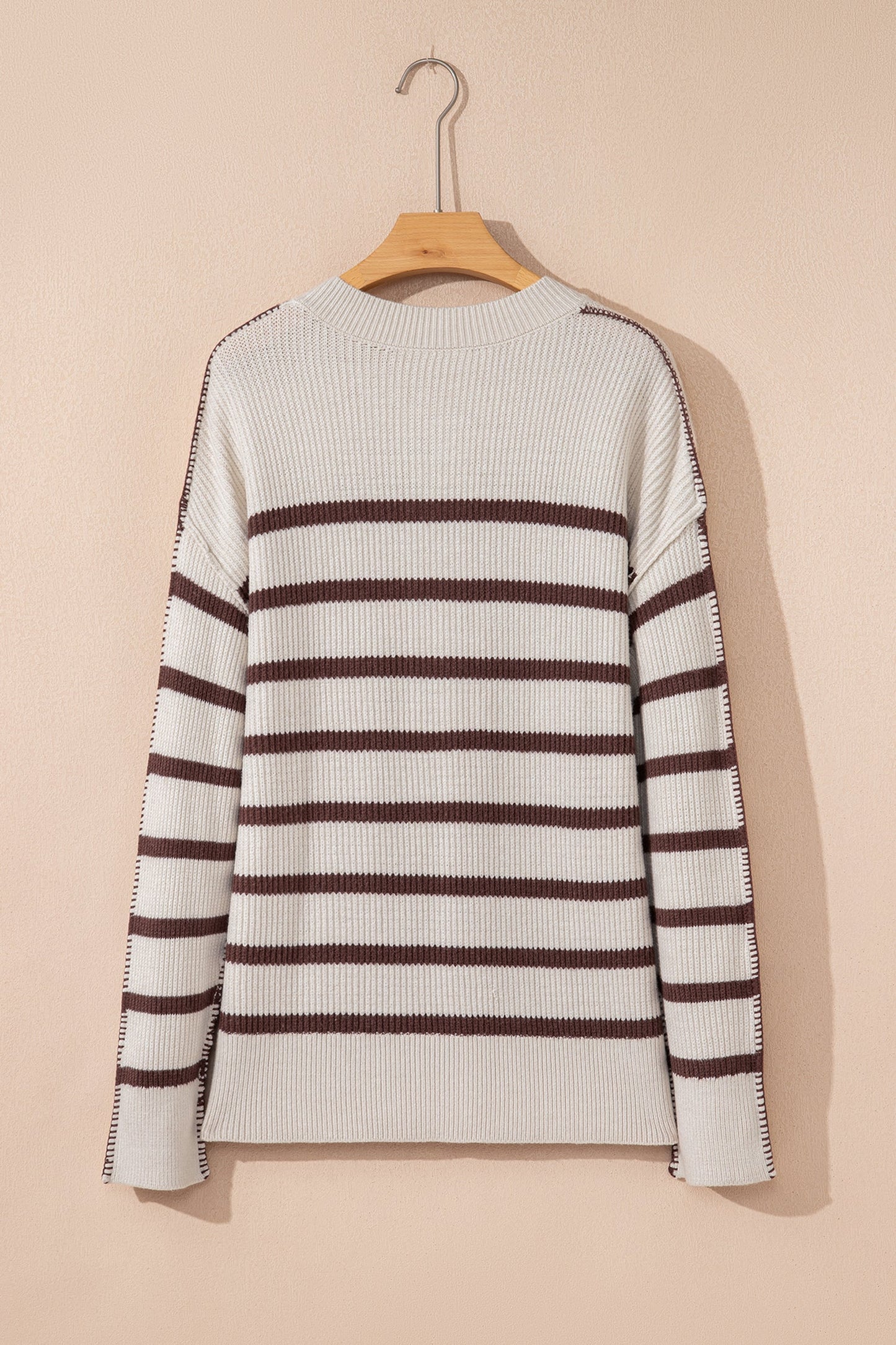Stripe Ribbed Slouchy Drop Shoulder Henley Sweater