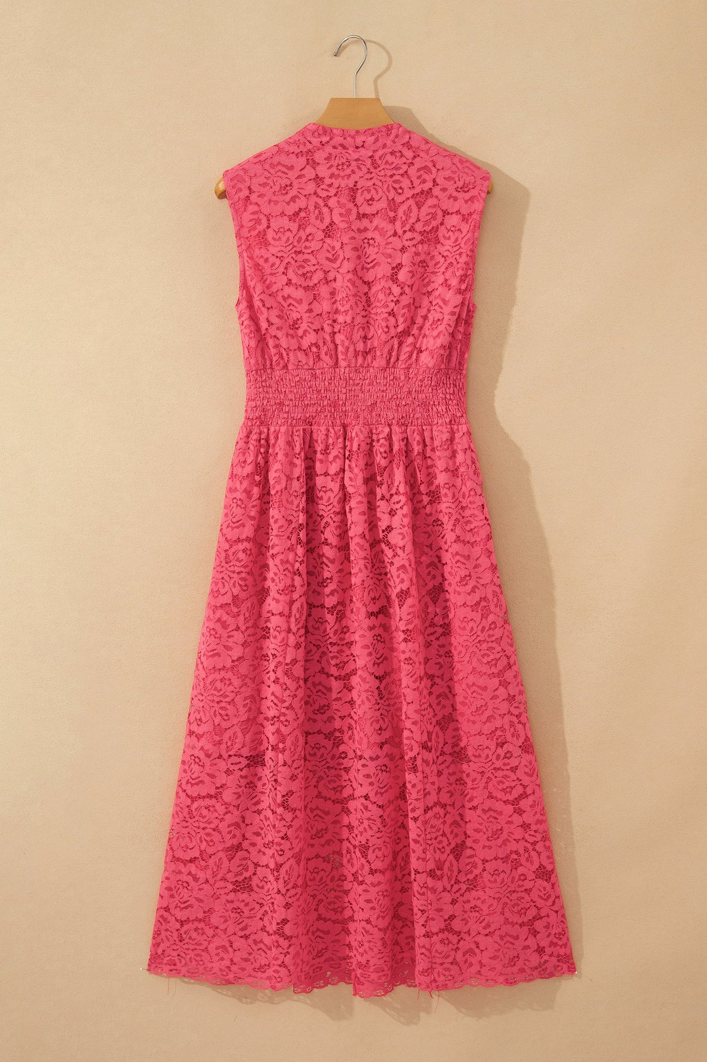Floral Lace Zip Up V-Neck Smocked Waist Sleeveless Dress