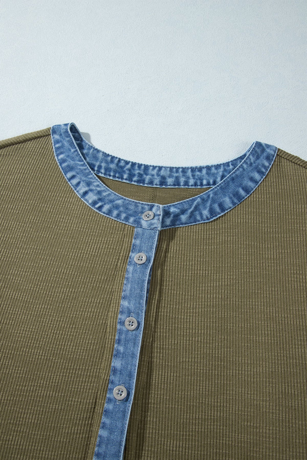 Plus Size Denim Contrast Trim Long Sleeve Henley Blouse