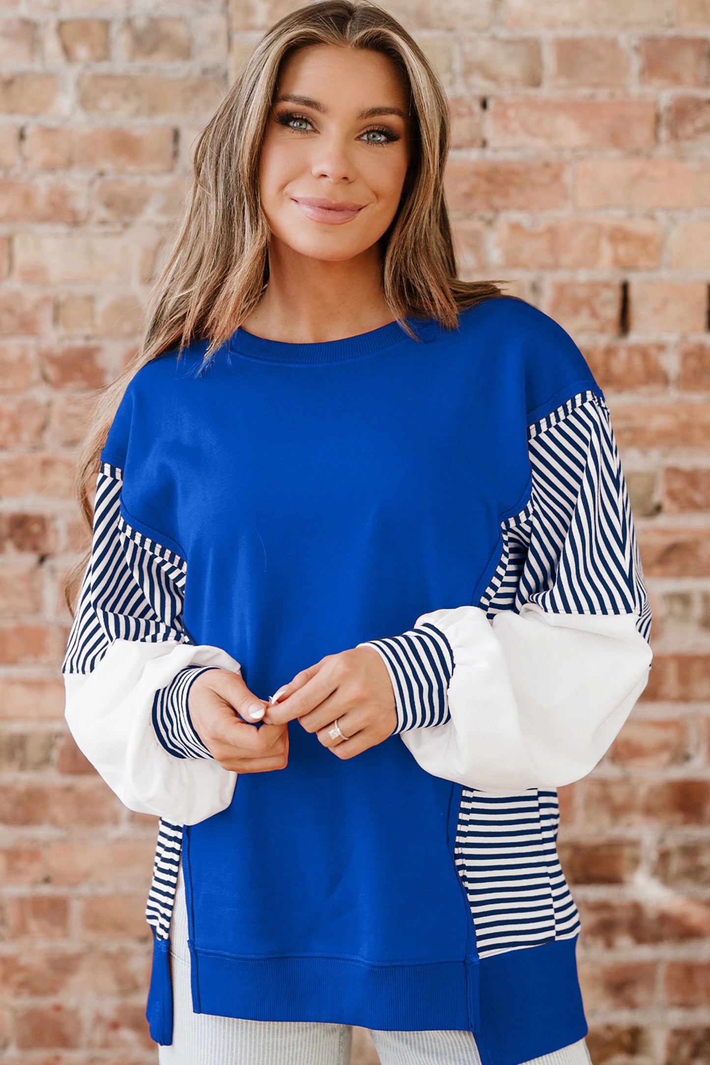 Stripe Patchwork Sleeve Colorblock Sweatshirt
