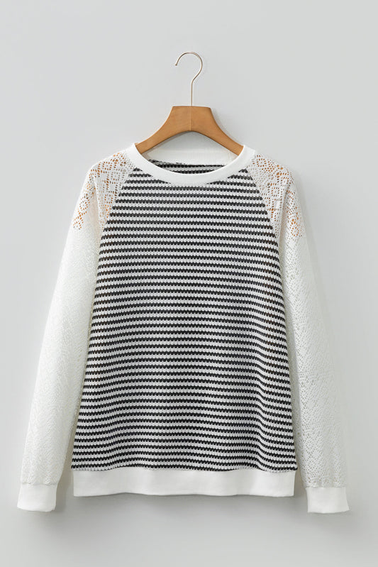 Stripe Textured Knit Lace Patchwork Long Sleeve Top