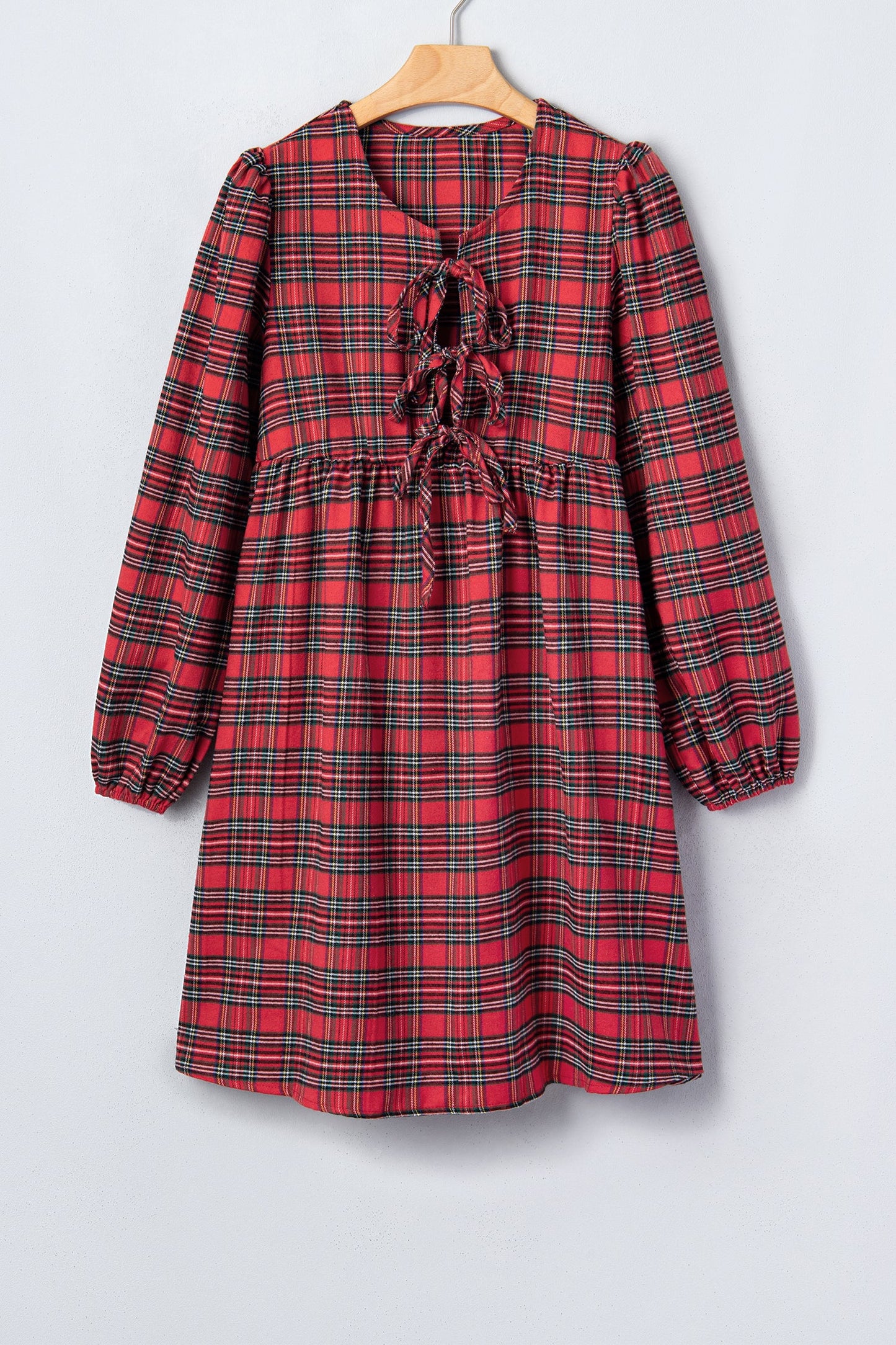 Plaid Bow Tie Front Puff Long Sleeve Dress