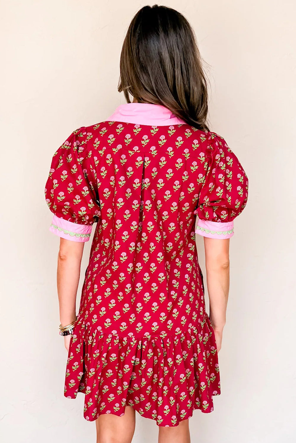 Floral V-Neck Short Bubble Sleeve Mini Dress