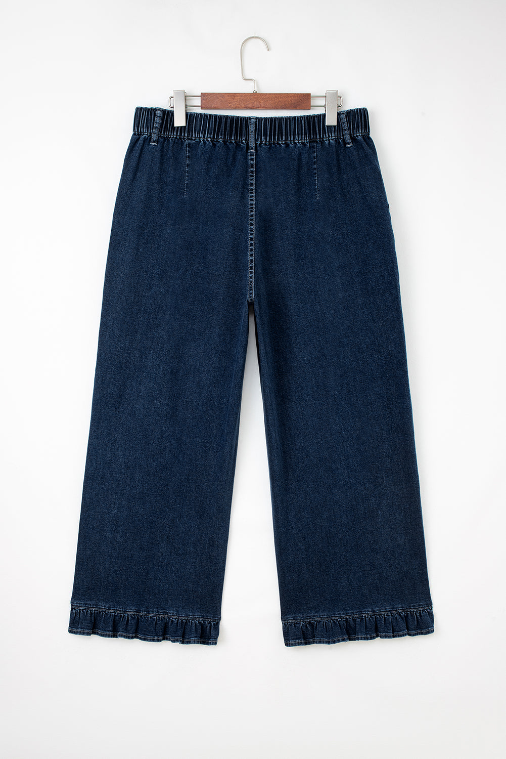 Plus Size Denim Elastic Waist Ruffle Wide Leg Pants
