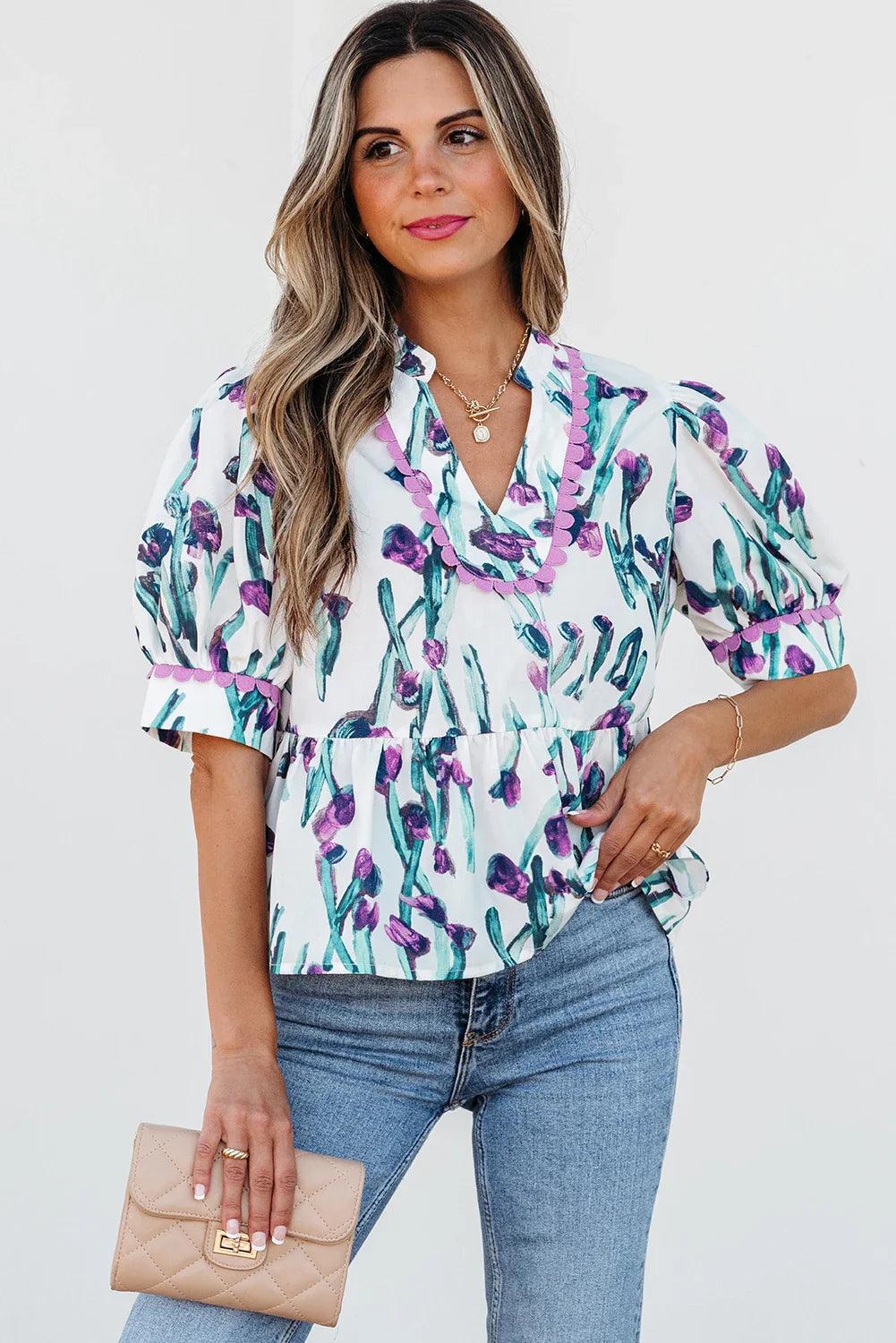Floral Ricrac Trim Short Sleeve Peplum Top