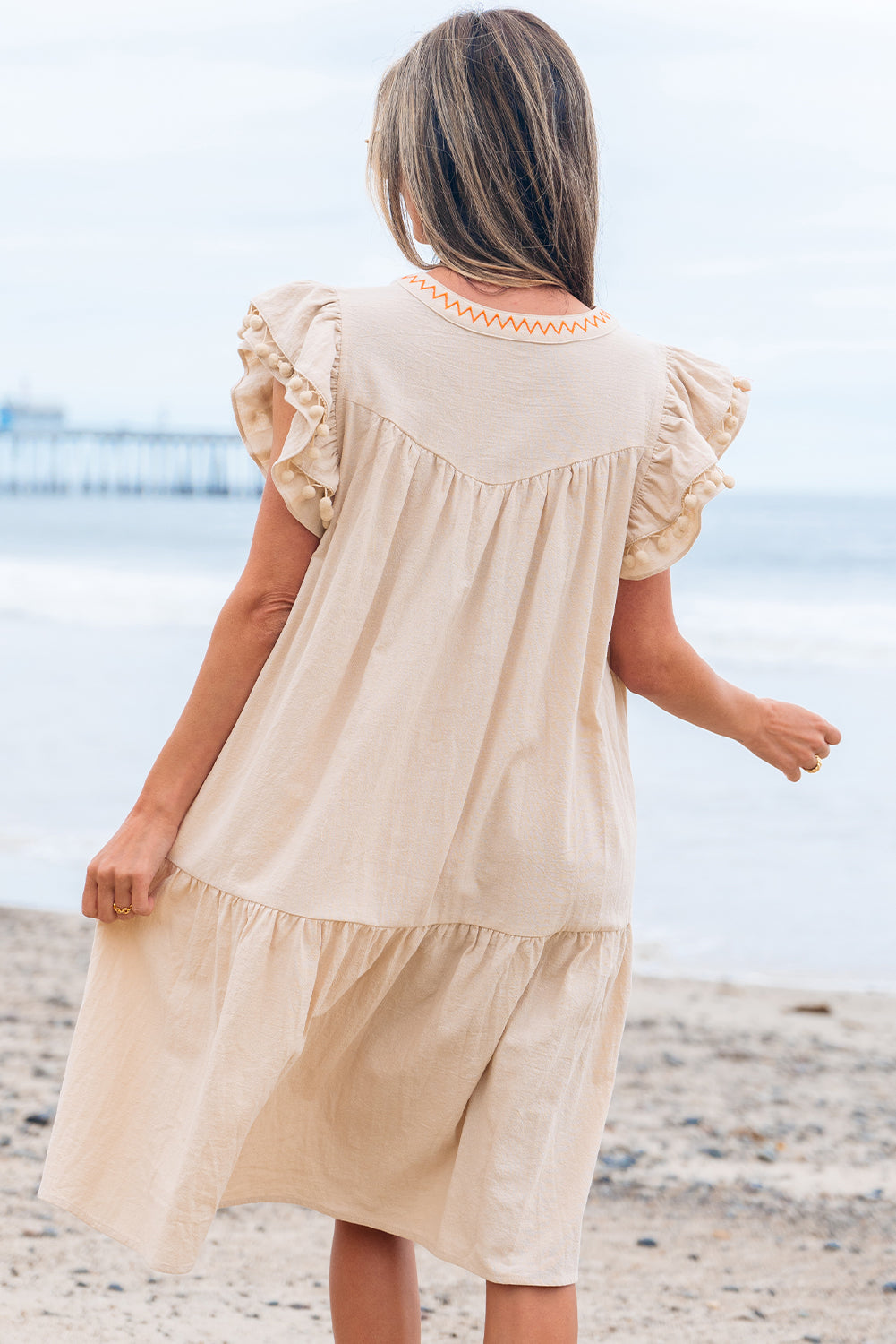 Floral Embroidered Pom Pom Ruffle Sleeve Dress
